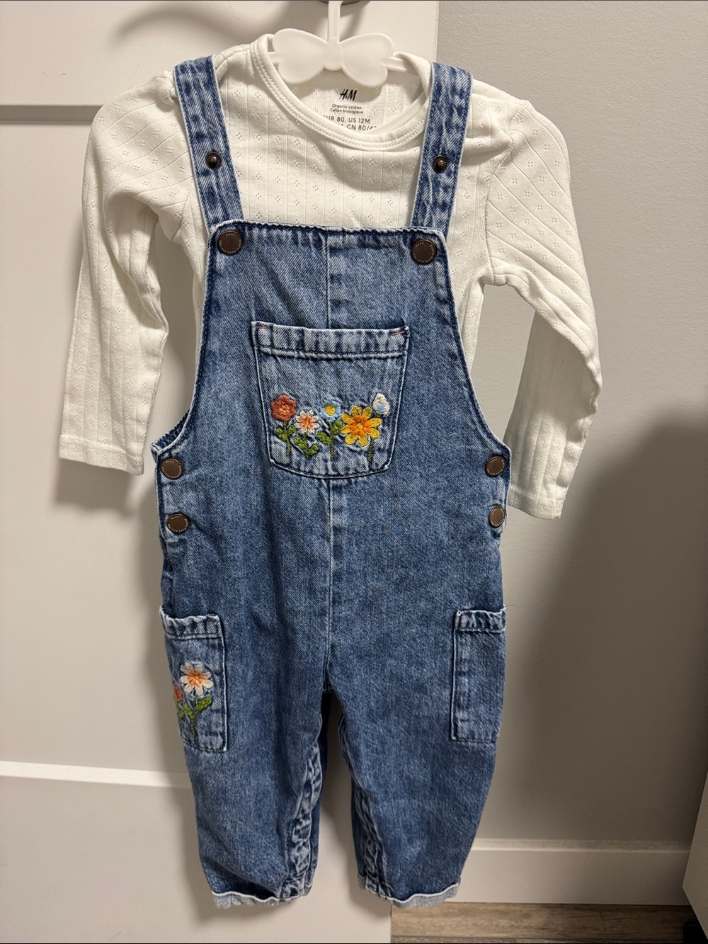 Next Denim Overalls with Colorful Floral Embroidery and bodysuit